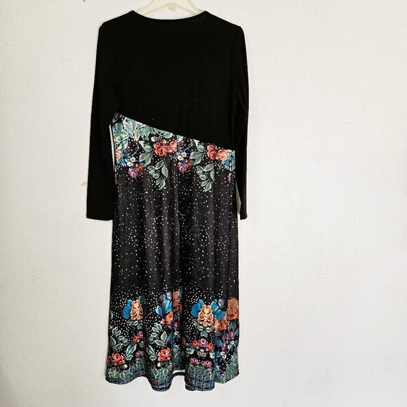 Generic Casual Stitching flower Print Elegant Black Midi Dress Size Medium - Picture 4 of 6
